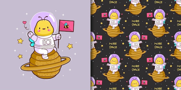 Hand drawn seamless pattern set with cute bee astronaut