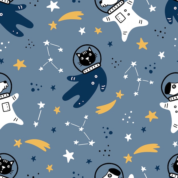 Hand drawn seamless pattern of space with star, comet, rocket, planet, cat, dog  astronaut element. Doodle style.