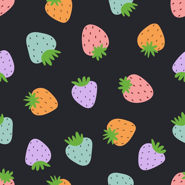 Hand drawn seamless pattern of strawberry on dark blue background