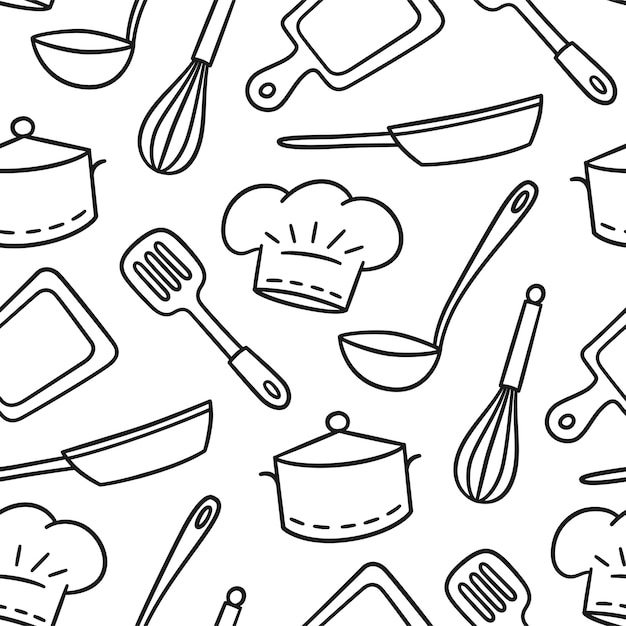 Hand drawn seamless pattern on the theme of chef and cook Illustration in doodle style on white background