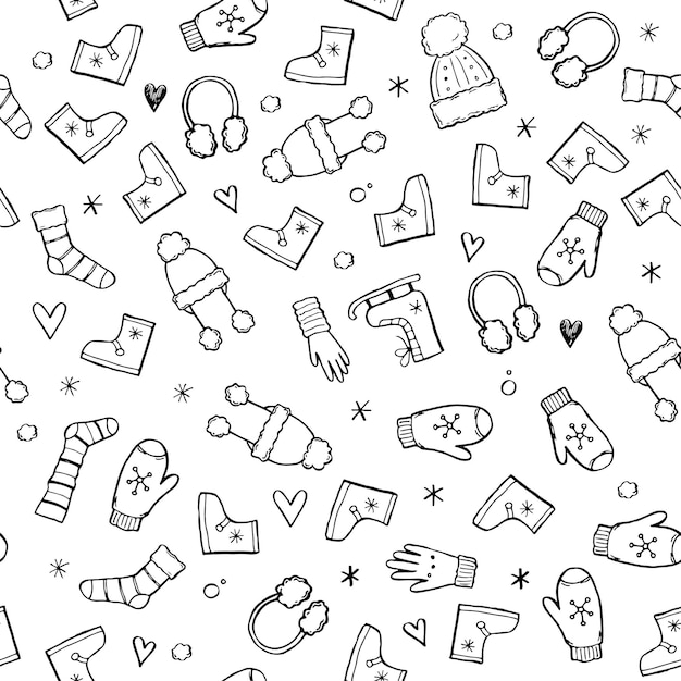 Hand drawn seamless pattern of winter clothes and accessory: hat, scarf, coat, mitten, shoes, sweater. Sketch style doodle for children, christmas wallpaper, background. Isolated vector illustration.