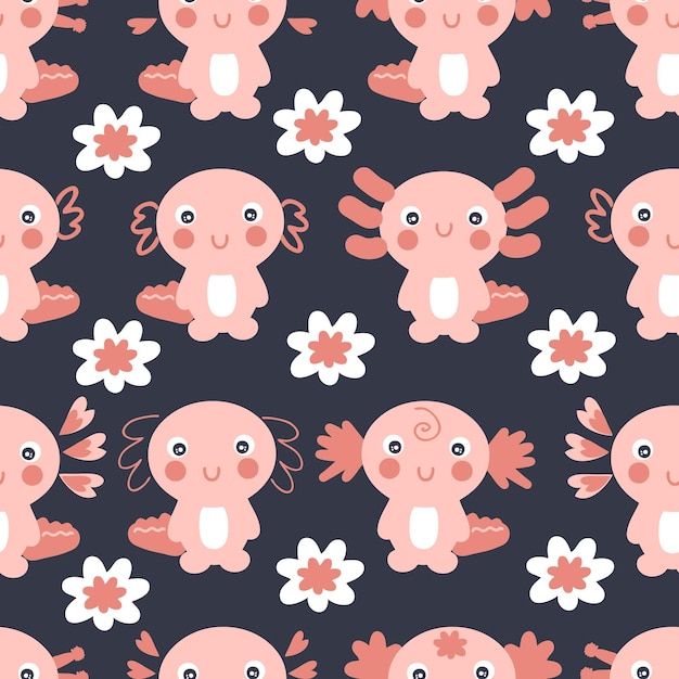 Hand drawn seamless pattern with axolotls and flowers Perfect for Tshirt textile and prints Cartoon style vector illustration for decor and design