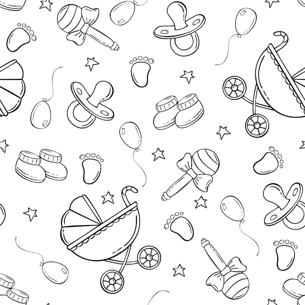 Hand drawn seamless pattern with baby carriage rattle baby bootie baby pacifier in doodle sketch style