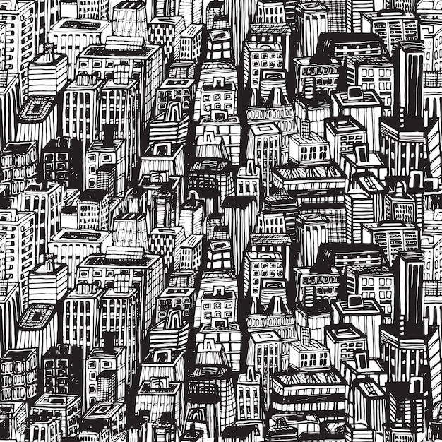 Hand drawn seamless pattern with big city New York. vintage illustration with NYC architecture, skyscrapers, megapolis, buildings, downtown.