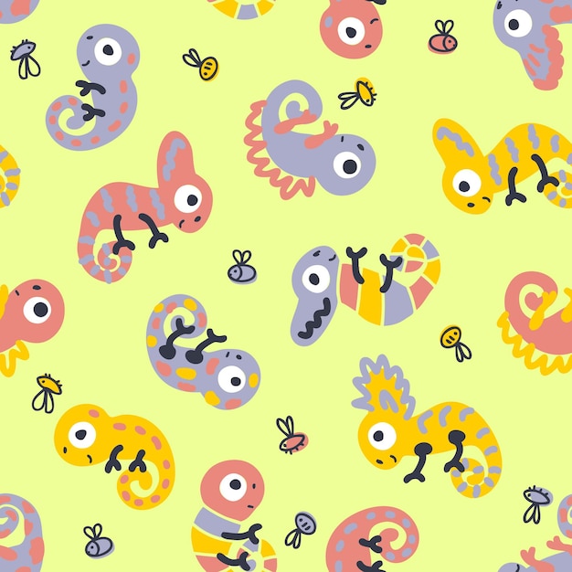 Hand drawn seamless pattern with chameleons and flies Perfect for Tshirt fabric textile and print Doodle vector illustration for decor and design