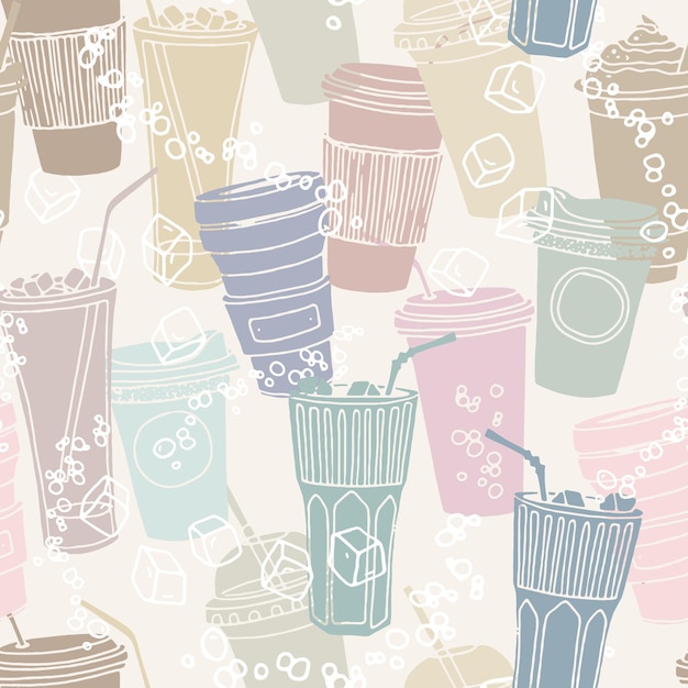 Hand drawn seamless pattern with coffee cups various shapes with drinking straws Mute colors repeatable background