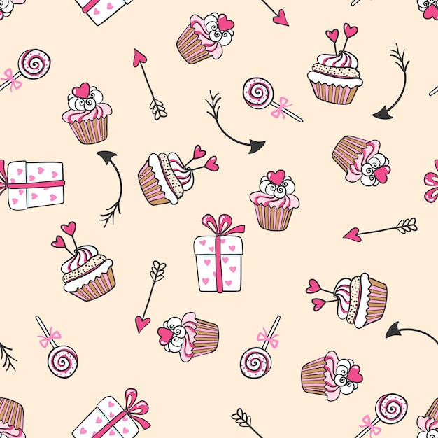 Hand drawn seamless pattern with cute cakes, arrows and gifts.