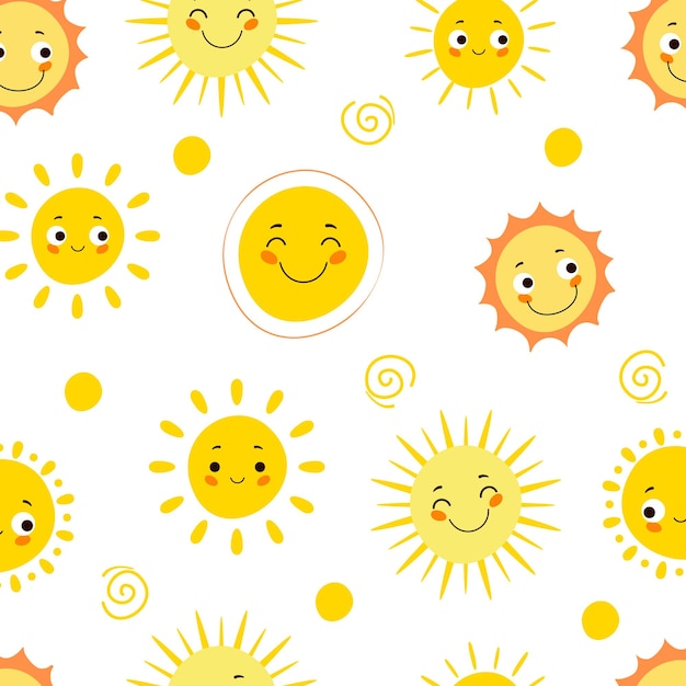 Hand drawn seamless pattern with cute sun illustration in cartoon style