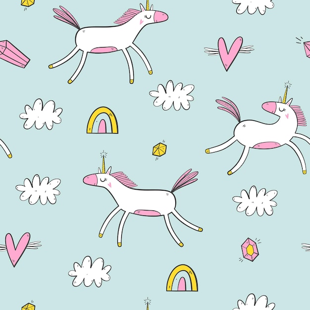 Hand drawn seamless pattern with cute unicorns and clouds