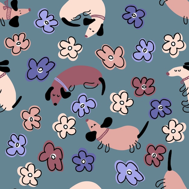 Hand drawn seamless pattern with dachshunds and flowers Perfect for Tshirt postcard textile and print Doodle vector illustration for decor and design