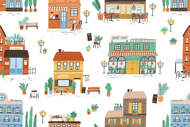 Hand drawn seamless pattern with different cafe, shops and stores. Repeatable background with cute city buildings facades. Backdrop with modern houses exterior. Flat vector cartoon illustration.