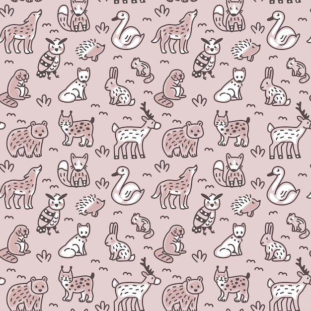 Hand drawn seamless pattern with doodle forest animals