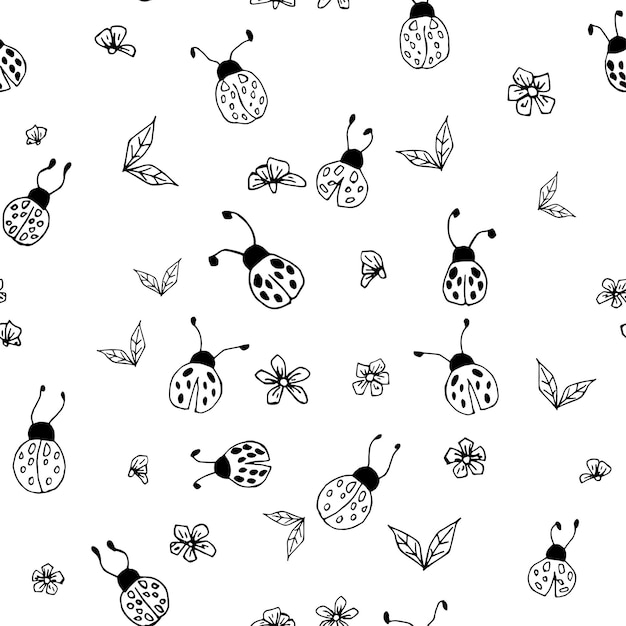 Hand drawn seamless pattern with flowers and ladybugs Liner