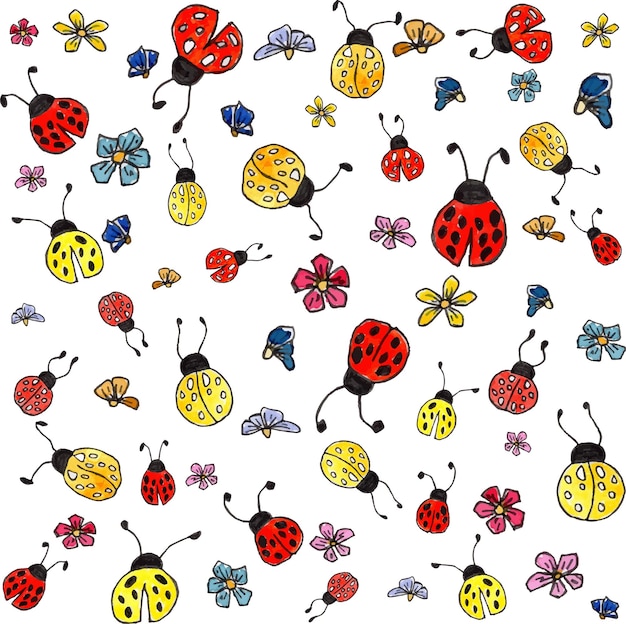 Hand drawn seamless pattern with flowers and ladybugs Watercolor and liner