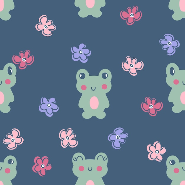 Hand drawn seamless pattern with frogs and flowers Perfect for Tshirt postcard textile and print Doodle vector illustration for decor and design