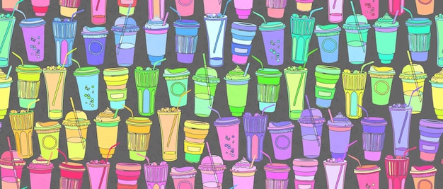 Hand drawn seamless pattern with to go cups and glasses various shapes bright acid colors and bubbles on background Bright summer funny repeatable backdrop