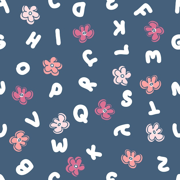 Hand drawn seamless pattern with latin letters and flowers for Tshirt postcard textile and print