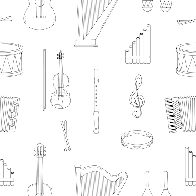 Hand drawn seamless pattern with musical instruments Doodle style Sketch Vector