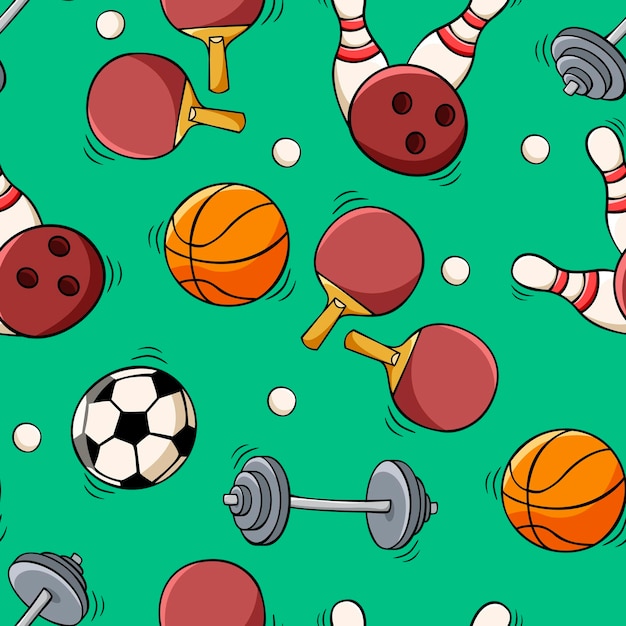 Hand drawn seamless pattern with sport equipment in doodle sketch style