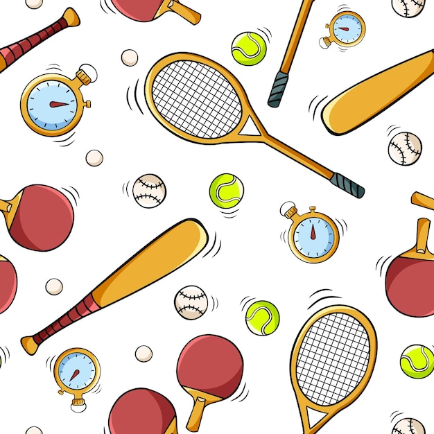 Hand drawn seamless pattern with sports equipment in doodle sketch style