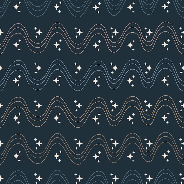 Hand drawn Seamless pattern with Symmetrical Wavy Lines And Stars, Geometric wave lines background.