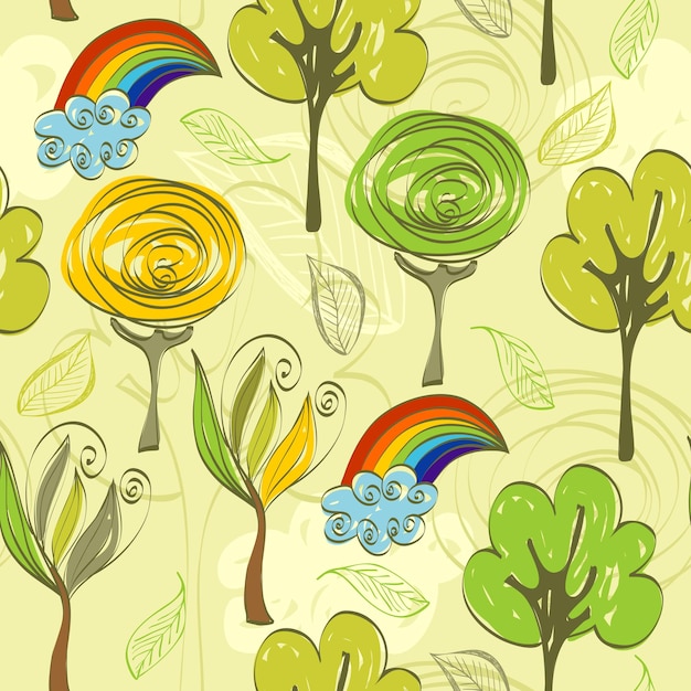 Hand drawn seamless pattern with trees and rainbow