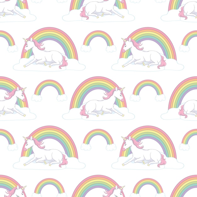 Hand drawn   seamless pattern with unicorn , clouds and rainbow