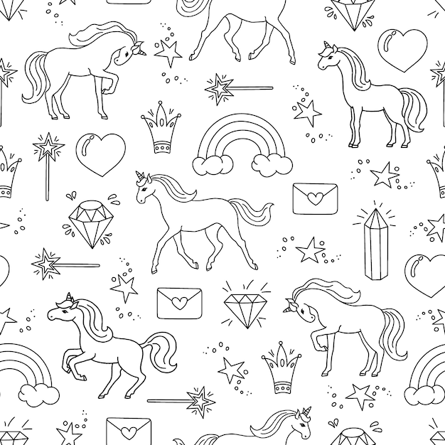 Hand drawn seamless pattern with unicorns.