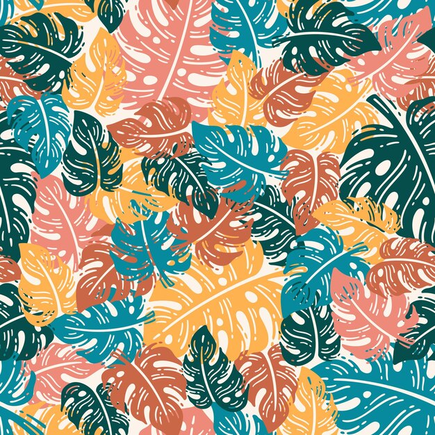 hand drawn seamless patterns. Tropical jungle leaves and various shapes.