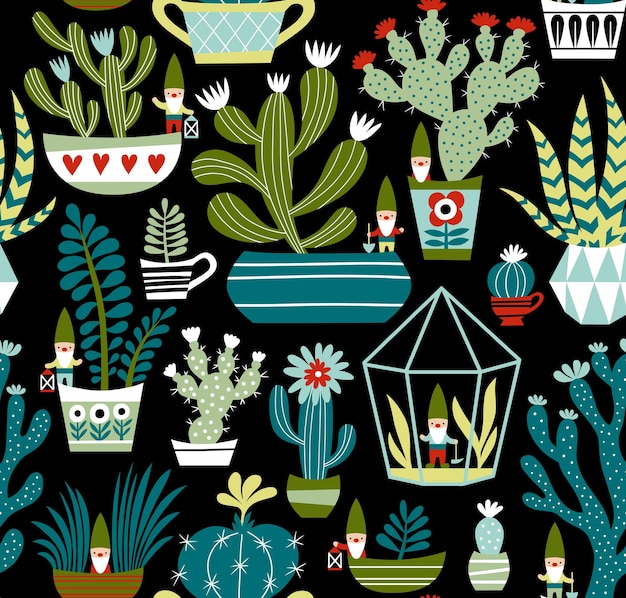 Hand drawn seamless vector pattern with cute gnomes, cactuses and succulents on black background.