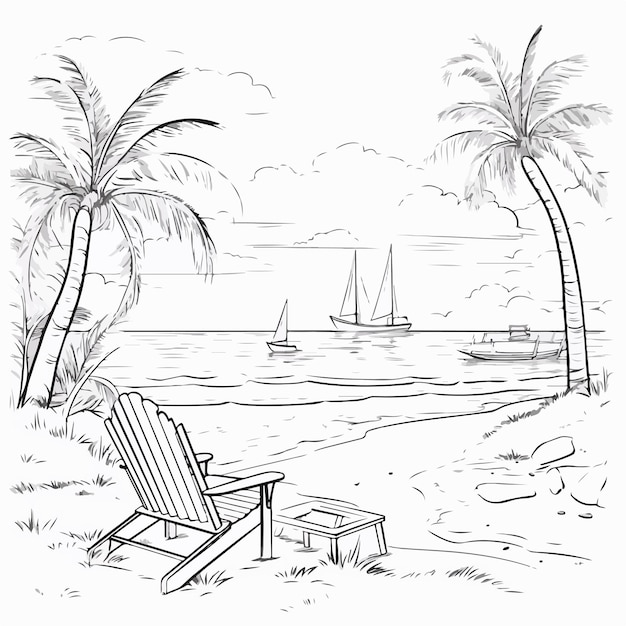 Vector hand drawn seaside landscape tropical resort illustration