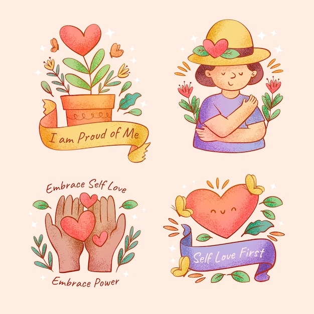 Hand drawn self love stickers collection