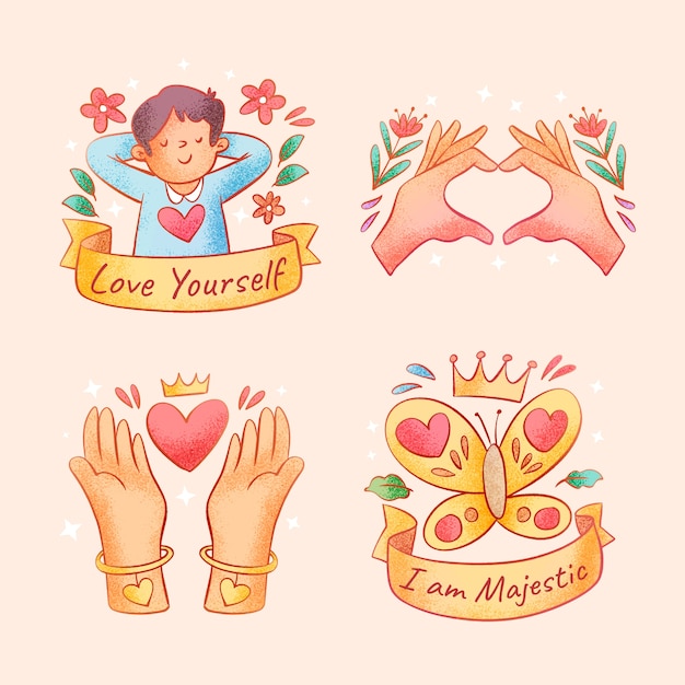 Hand drawn self love stickers collection