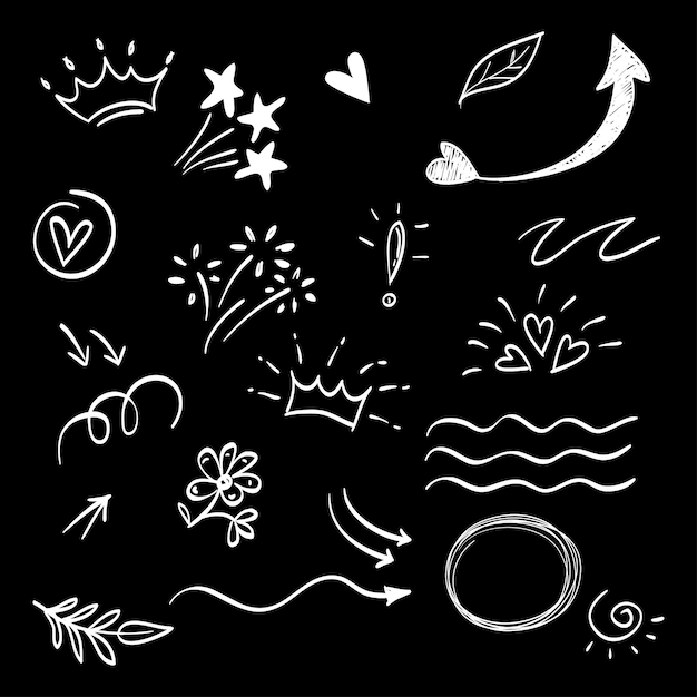 hand drawn set of abstract doodle elements use for concept design isolated on black background vector illustration