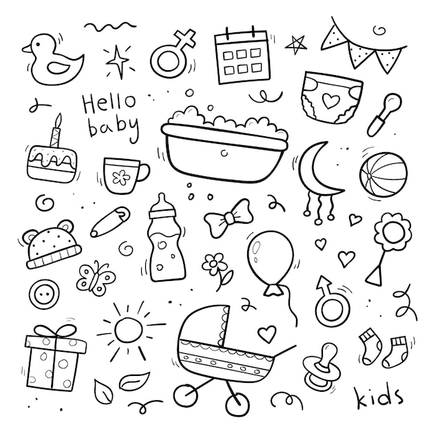 Hand drawn set baby and newborn doodle. Sketch style. Baby stroller, diaper, dummy, rattle, milk bottle, ball. Vector illustration.