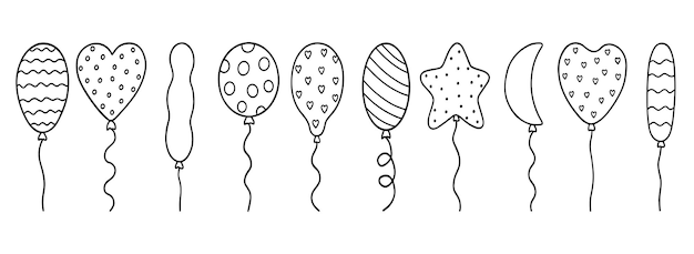 Hand drawn set of balloons doodle Different shapes of balloons in sketch style