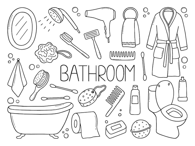 Hand drawn set of Bathroom doodle Towel bathrobe shower bathtub mirror in sketch style