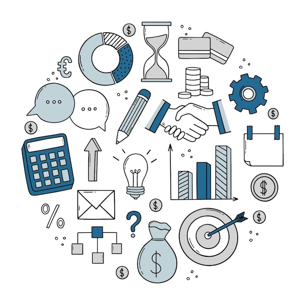 Hand drawn set of Business and finance doodle Diagrams money calendar handshake calculator in sketch style