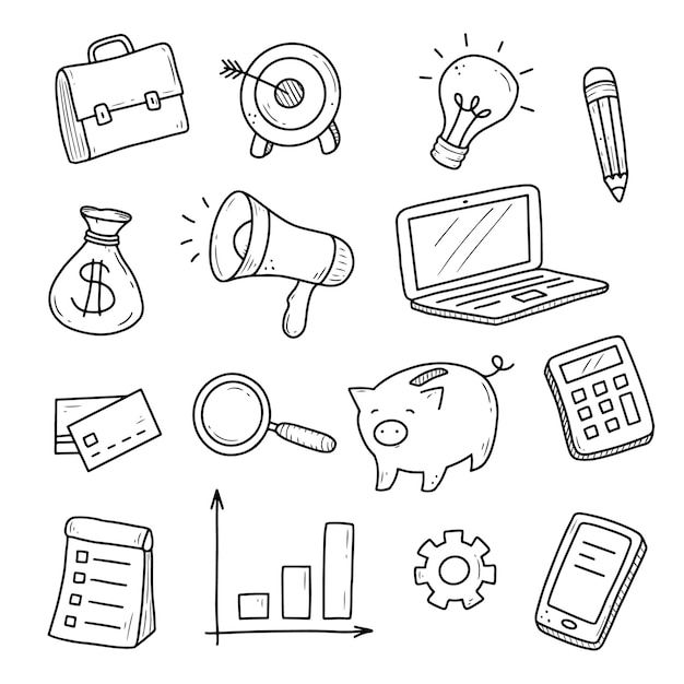 Hand drawn set of business and finance elements, coin, calculator, piggy, money.