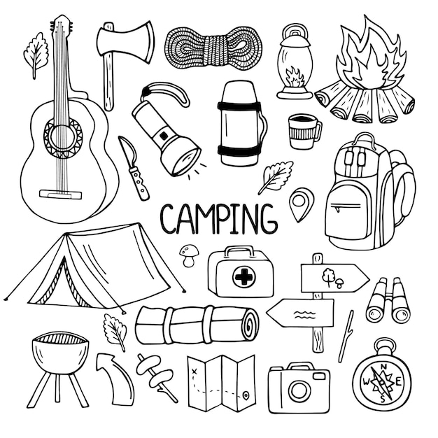 Hand drawn set of camping and hiking elements in doodle style