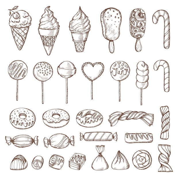 Hand drawn set of candies, cake pops, ice cream and donuts. Retro vintage vector illustration.