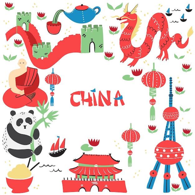 Hand drawn set of China signs with main sightseeings, famous places or tourist sights.