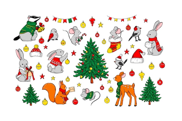 Hand drawn set of Christmas design elements and animals. Vector illustration