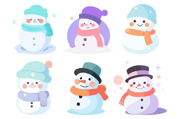 Hand Drawn Set of Christmas Snowman in flat style isolated on background