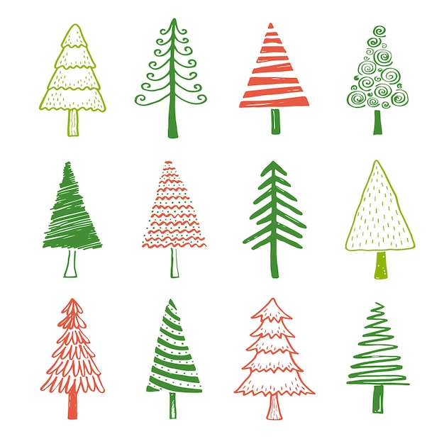 Hand drawn set of christmas tree and pine with different shapes. Cut isolated vector illustration for your christmas, greeting banner design. Doodle sketch style. Tree element drawn by brush-pen.