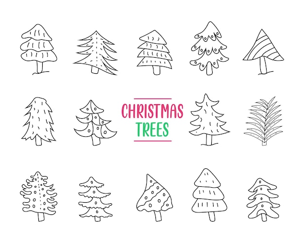 Hand drawn set of Christmas trees. Christmas tree doodle drawing. Vector art illustration