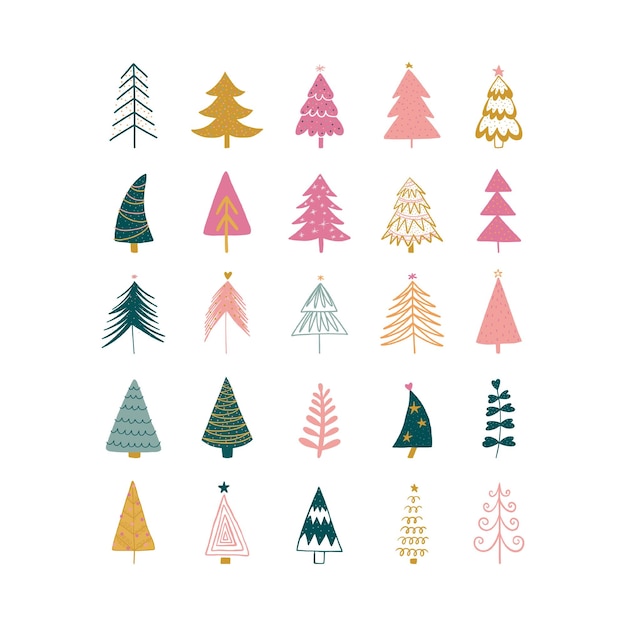 Hand drawn set of Christmas trees. Holidays modern background. Abstract doodle drawing woods