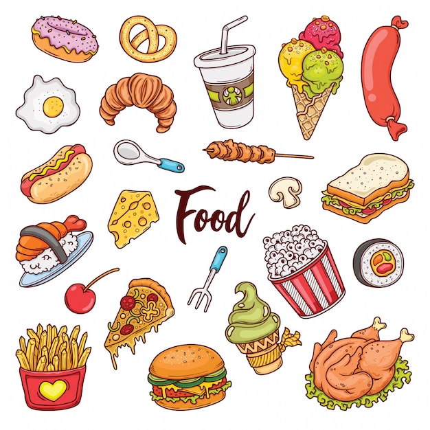 Hand drawn set of Color Food doodles