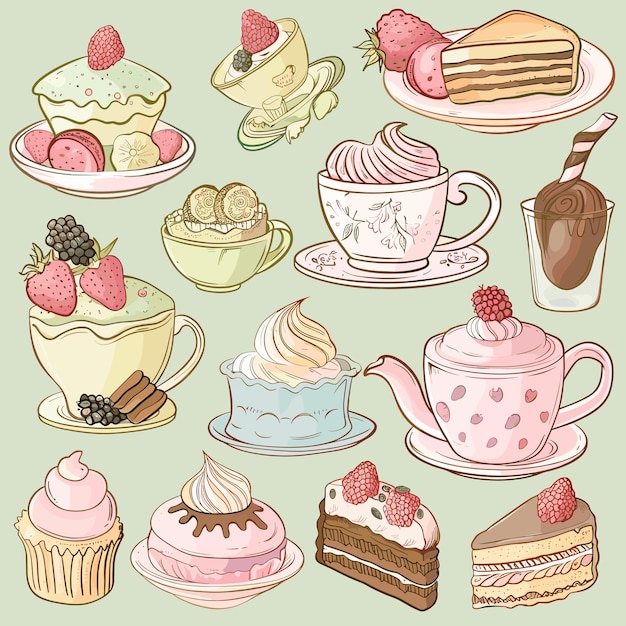 Vector hand drawn set of colorful dessert illustrations sweet treats and baked goods