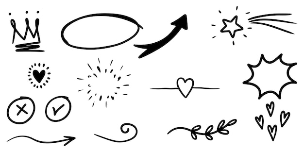 Hand drawn set of curly swishes, swashes, swoops. Abstract arrows,  Arrow, heart, love, star, leaf, sun, light, crown, king, queen, on doodle style for concept design. vector illustration.